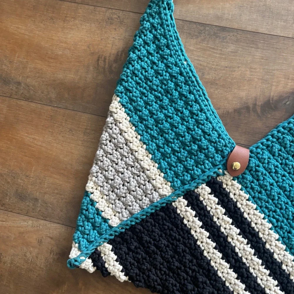 Handmade Danbury Rectangle Wheat Stitch Teal Black Crochet Colorblock Bag Purse